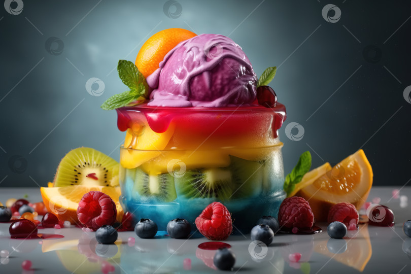 Скачать Десертное фруктовое мороженое. Крупным планом свежие фрукты в мороженом и сливки в бокале, освежающие блюда. Порождающий искусственный интеллект фотосток Ozero