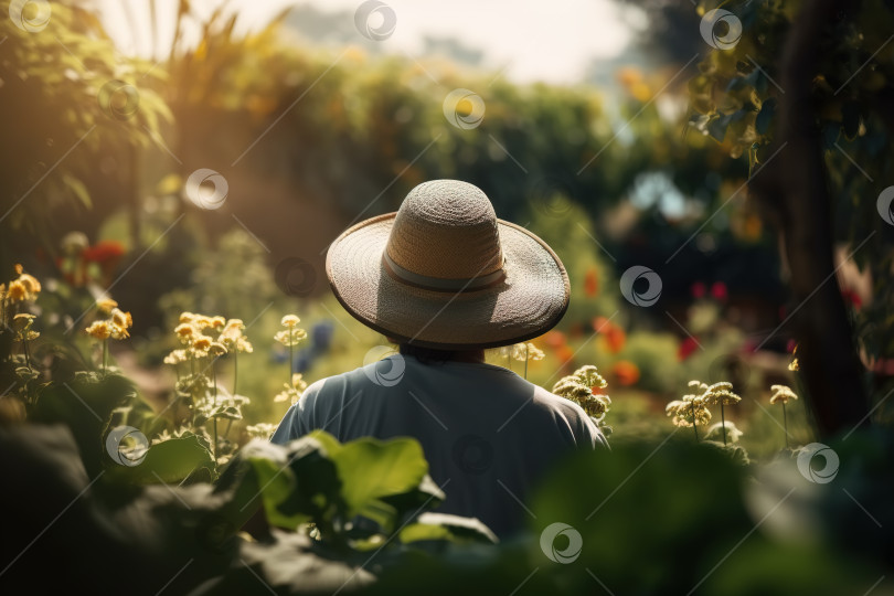 Скачать Неузнаваемая женщина-садовник в соломенной шляпе стоит в саду в солнечный день. Крупный план, вид сзади. Порождающий искусственный интеллект фотосток Ozero