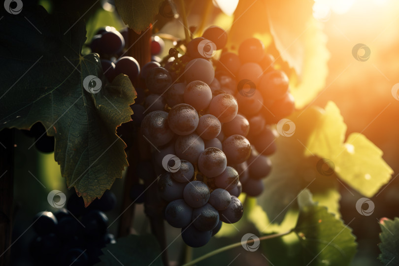 Скачать Спелый черный виноград на ветке в солнечный день в саду, крупным планом. Порождающий искусственный интеллект фотосток Ozero