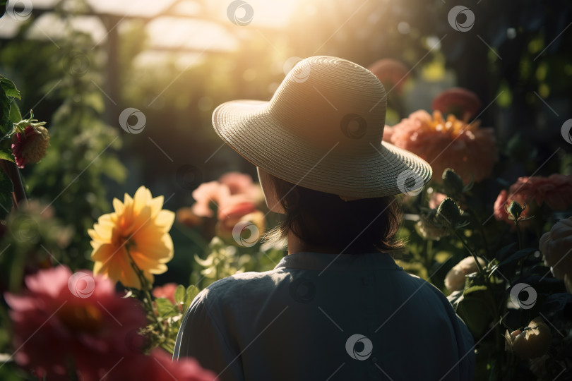 Скачать Цветоводство, садоводство. Вид сзади на неузнаваемую молодую женщину-садовника в соломенной шляпе, наслаждающуюся цветущим цветником на открытом воздухе. Порождающий искусственный интеллект фотосток Ozero