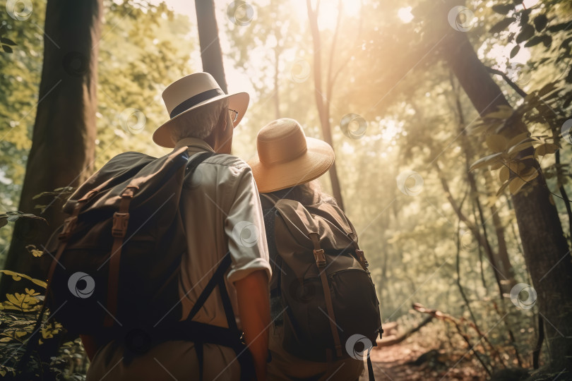 Скачать Пожилые люди, путешествия на пенсию, активная старость. Вид сзади на пожилую пару путешественников, мужа и жену вместе в шляпах и с рюкзаками в лесу во время похода. Порождающий искусственный интеллект фотосток Ozero
