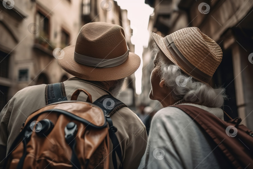 Скачать Пожилые люди, путешествия на пенсию, активная старость. Вид сзади на пожилую пару туристов в городе, мужчину и женщину в шляпах и с рюкзаками на улице. Порождающий искусственный интеллект фотосток Ozero