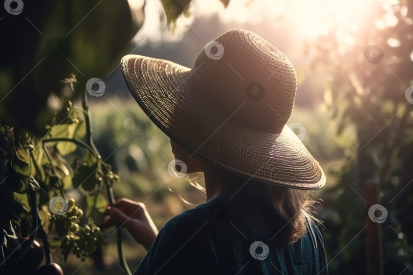 Скачать Вид сбоку на неузнаваемую молодую женщину-садовника в соломенной шляпе в саду на открытом воздухе в солнечный день, крупный план. Порождающий искусственный интеллект фотосток Ozero