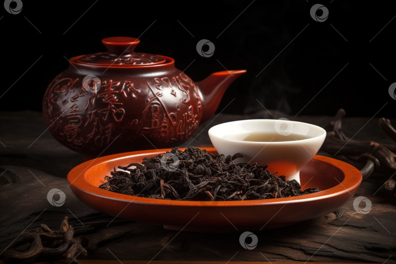 Скачать Заварочный чайник, листья китайского чая Да Хонг Пао и горячий напиток в кружке. Азиатская чайная церемония крупным планом. Порождающий искусственный интеллект фотосток Ozero