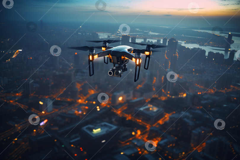 Скачать Беспилотник с камерой, летящий в воздухе над ночным городом, автономное средство наблюдения. Порождающий искусственный интеллект фотосток Ozero