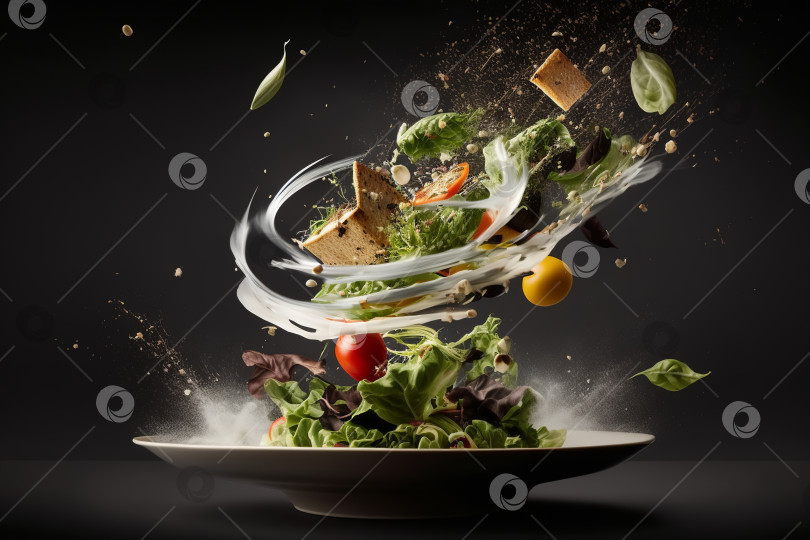 Скачать Веганская еда. Парящий в воздухе свежий салат, летающие овощи, ингредиенты и соус. Порождающий искусственный интеллект фотосток Ozero