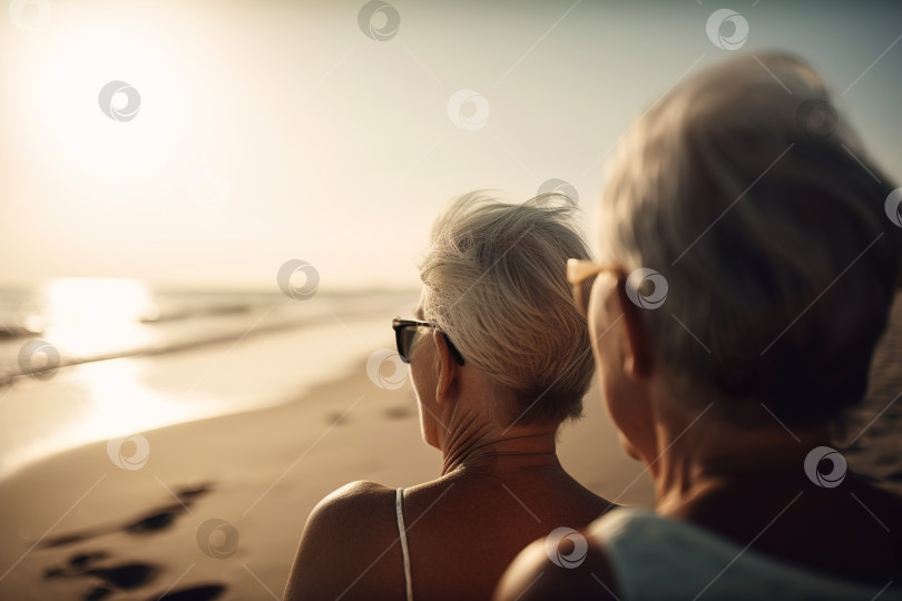 Скачать Пожилые женщины-подружки в очках на пляже в солнечный день на море, вид сзади. Пожилые люди, путешествуйте на пенсии, отдыхайте в старости. Порождающий искусственный интеллект фотосток Ozero