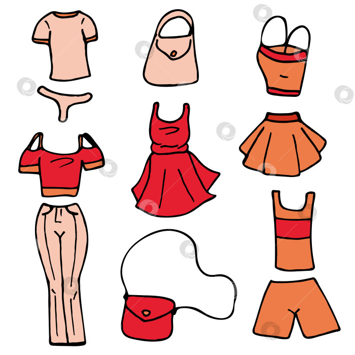 Скачать Комплект с красной, оранжевой и бежевой одеждой на белом фоне. Векторное изображение. фотосток Ozero