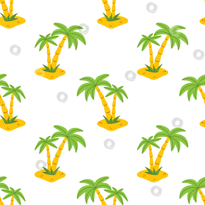 Скачать Векторный бесшовный узор с пальмой в плоском дизайне. Две пальмы на пляже. Летний тропический фон с кокосовой пальмой. Узор с экзотическим пейзажем с пальмами. фотосток Ozero