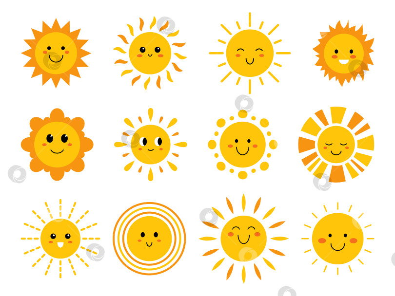 Скачать Векторный набор забавных солнц с лицами. Милый эмодзи летнего солнца. Коллекция желтых детских солнечных смайликов. Улыбающееся детское солнышко с солнечными зайчиками. фотосток Ozero