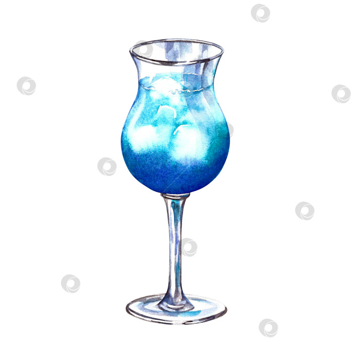 Скачать Алкогольный коктейль "Голубой гавайский" с кубиками льда. Изолированный на белом фоне. Акварельная иллюстрация, нарисованная от руки. Предназначен для меню, флаеров, баннеров. Для приглашений, этикеток и упаковки. фотосток Ozero