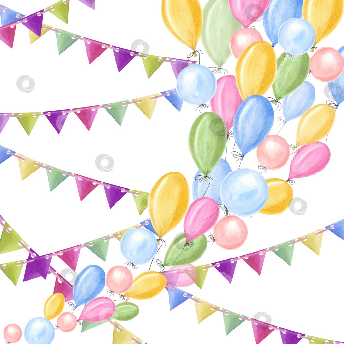 Скачать Акварельные разноцветные шары с гирляндами флагов, выделенные на белом фоне. Для сохранения даты, открыток на день Святого Валентина, день рождения и день матери, приглашений на свадьбу фотосток Ozero