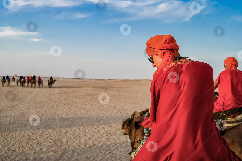 Скачать Туристы в пустыне на верблюдах. Развлечение туристов. фотосток Ozero