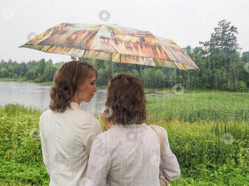 Скачать Молодые и пожилые женщины стоят под зонтиком в парке на естественном зеленом фоне в пасмурный день. фотосток Ozero