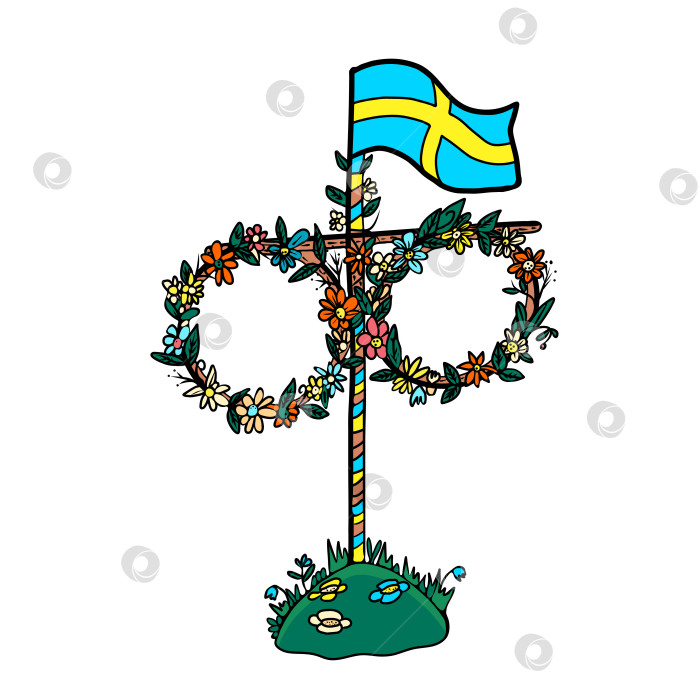 Скачать Деревянный столб в середине лета, увитый цветами и лентами. Шаблон для фона праздничного баннера с самым длинным летним днем в Швеции. Векторная иллюстрация каракулей, нарисованная от руки. фотосток Ozero