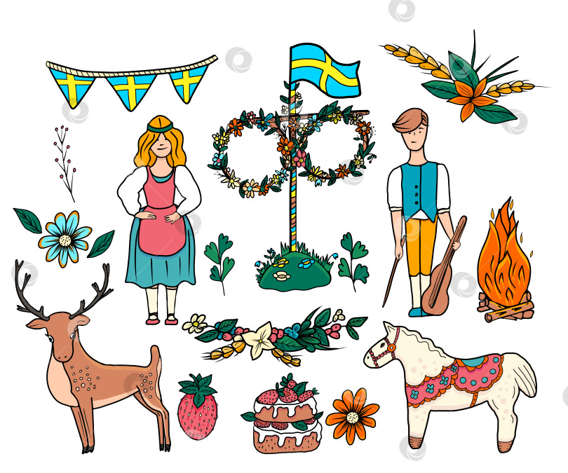 Скачать Набор векторов счастливого середины лета. Мультяшные шведские персонажи в традиционных костюмах, лошадь, олень, деревянный майский столб, цветочная гирлянда, торт, флаг Швеции. Шаблон для праздничного баннера "Самый длинный летний день в Швеции". фотосток Ozero