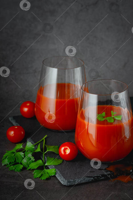 Скачать Два стакана со свежим томатным соком, сельдереем, петрушкой и спелыми помидорами фотосток Ozero