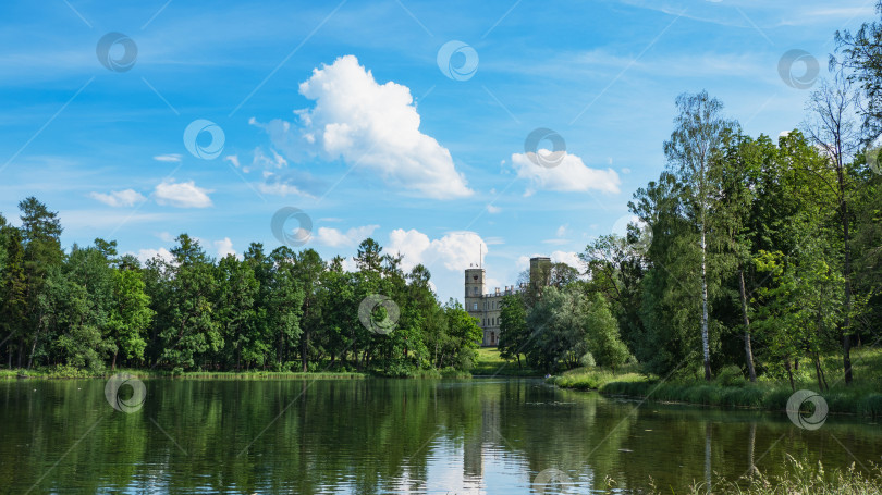 Скачать Красивый летний пейзаж с прудом рядом со старым дворцом. Гатчина. Россия. фотосток Ozero