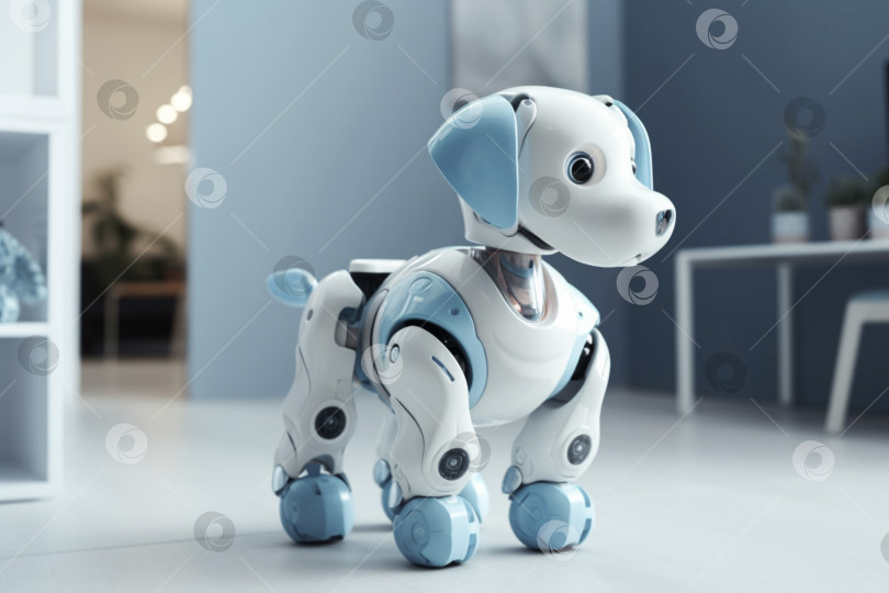 Скачать Генеративный искусственный интеллект. белый робот-пес стоит в детской комнате. новая технология будущего, футуристическая и технологическая концепция. фотосток Ozero