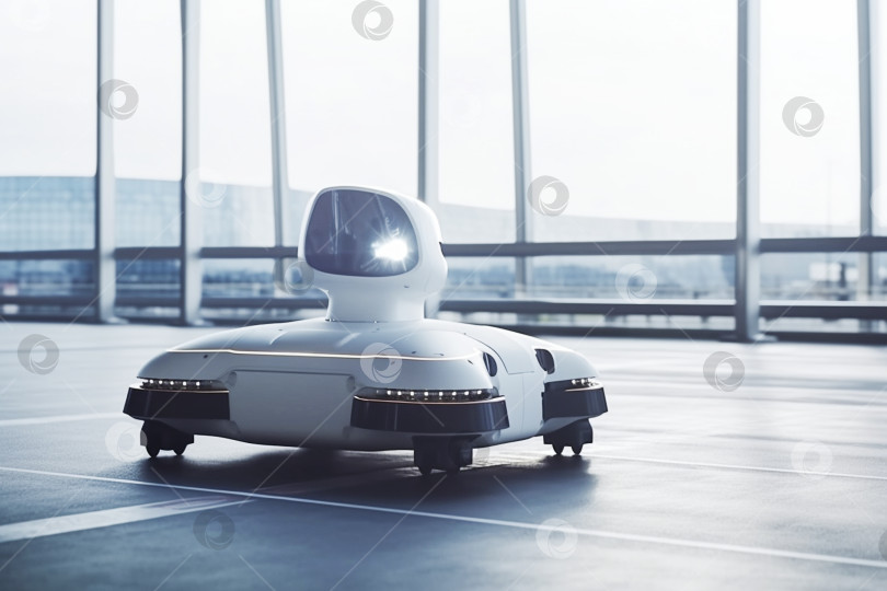 Скачать Генеративный искусственный интеллект. мини-белый робот в большом зале. новая технология будущего, футуристическая и технологическая концепция. фотосток Ozero