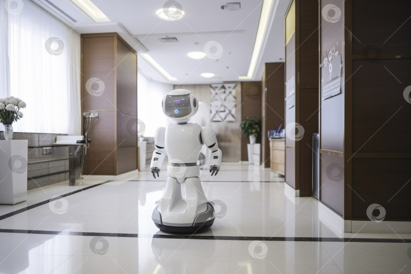 Скачать Генеративный искусственный интеллект. робот в вестибюле отеля. новая технология будущего, футуристическая и технологическая концепция. фотосток Ozero