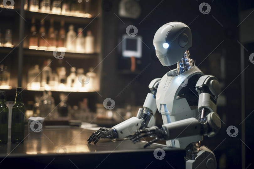 Скачать Генеративный искусственный интеллект. белый робот сидит в кафе. новая технология будущего, футуристическая и технологическая концепция. фотосток Ozero