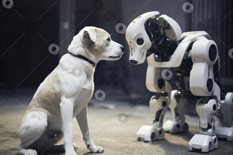 Скачать Генеративный искусственный интеллект. собака стоит рядом с собакой-роботом. новая технология будущего, футуристическая и технологическая концепция. фотосток Ozero
