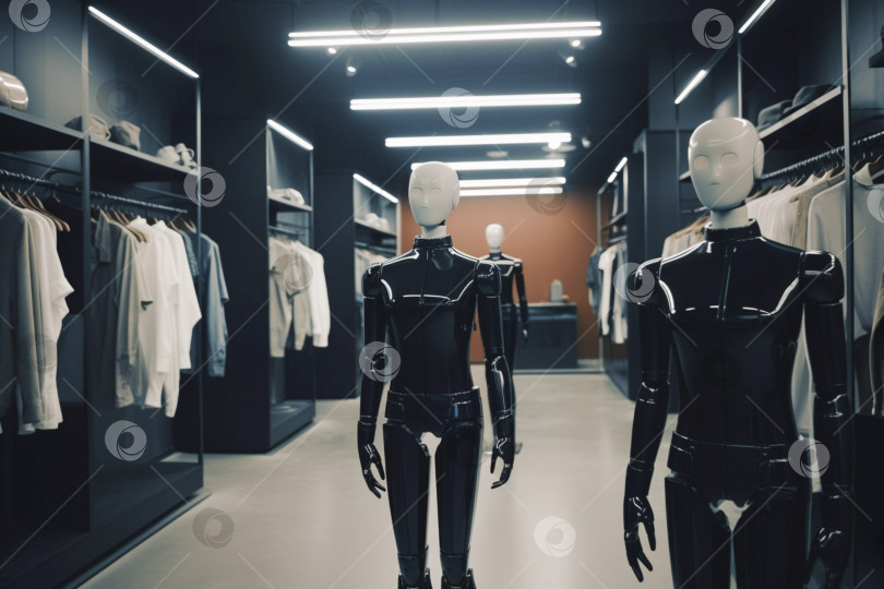 Скачать Генеративный искусственный интеллект, новая технология будущего, футуристическая и технологическая концепция. роботы-помощники в магазине одежды фотосток Ozero