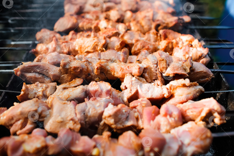Скачать Мясо жарится на углях крупным планом. Приготовление барбекю на открытом воздухе фотосток Ozero