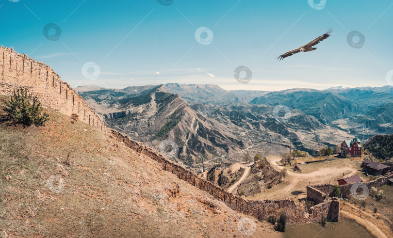 Скачать Крепость Гуниб - исторический памятник Дагестана. Орлы летают над старой крепостью. фотосток Ozero