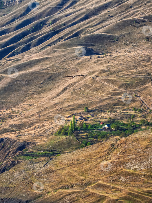 Скачать Горная текстура, горный рельеф. Маленький зеленый оазис у больших красных голых гор. фотосток Ozero