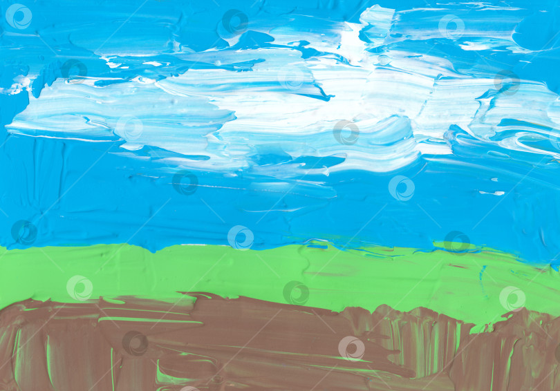 Скачать Ярко-синий, коричневый, зеленый и белый фон. Абстрактный летний пейзаж, облако на небе и луг. Текстурированные мазки кистью по бумаге. Современное минималистское произведение искусства, расписанное вручную. фотосток Ozero