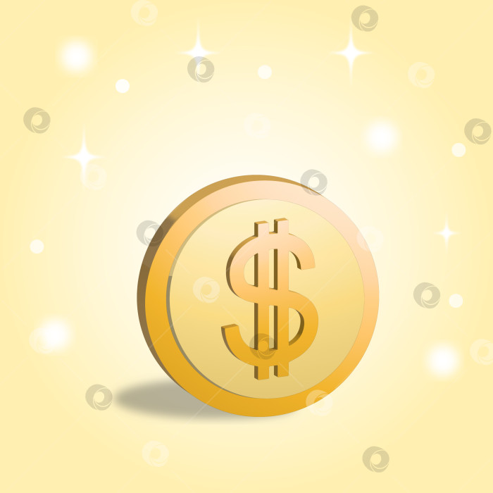 Скачать Объемная реалистичная монета со знаком доллар в 3д стиле на желтом в фоне с искрами фотосток Ozero