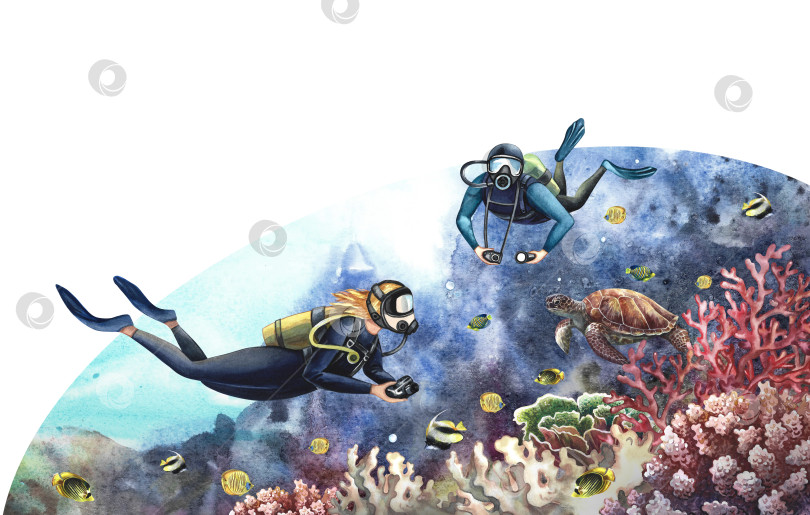 Скачать Дайверы плавают под водой. Подводное путешествие. Нарисованный акварелью от руки. На фоне подводного морского пейзажа. фотосток Ozero