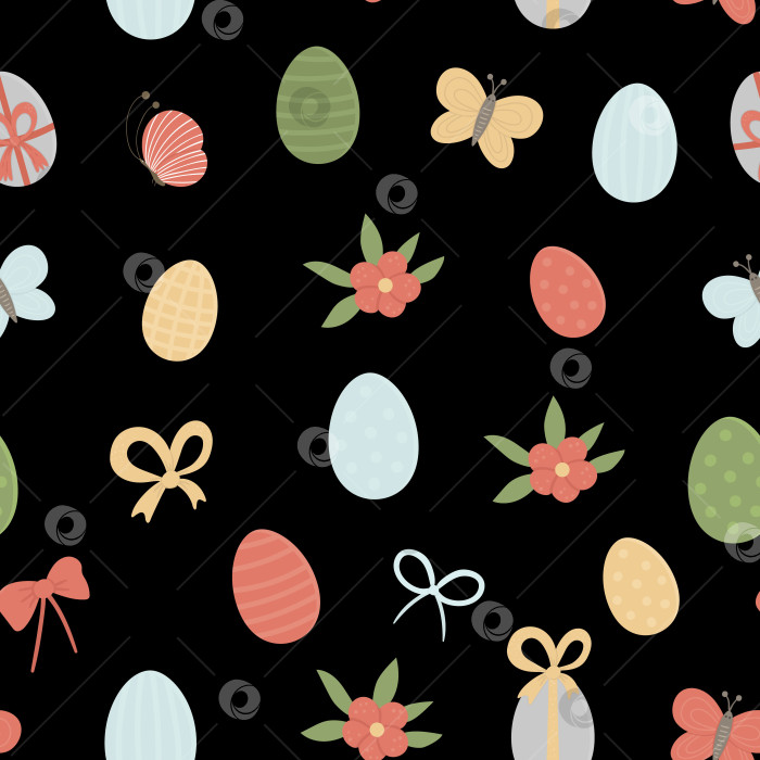 Скачать Векторный бесшовный узор с цветными яйцами, бантами, бабочкой и цветами. Пасхальная текстура с традиционными символами на черном фоне. Весенняя цифровая бумага. фотосток Ozero