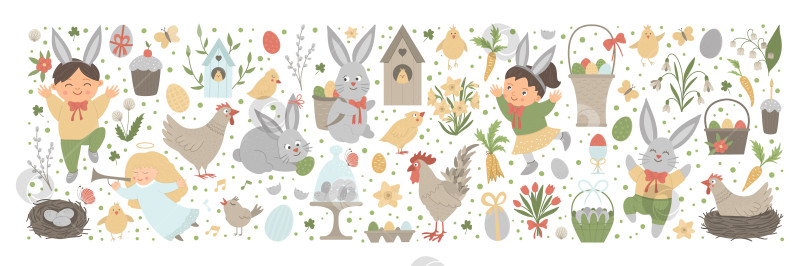 Скачать Векторный пасхальный горизонтальный макет с кроликом, яйцами и счастливыми детьми, изолированными на белом фоне. Баннер или приглашение на тему христианского праздника. Милый забавный весенний фон. фотосток Ozero