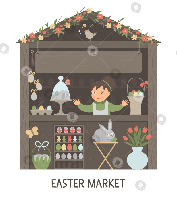 Скачать Векторная иллюстрация киоска пасхального рынка с продавщицей и местом для текста. Маленький магазинчик с весенними праздничными товарами. Милый баннер в мультяшном стиле с яйцами, кроликом, цветами. фотосток Ozero