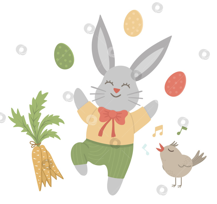 Скачать Векторный плоский забавный кролик с крашеными яйцами, морковкой и поющей птицей. Милая пасхальная иллюстрация. Картинка весеннего праздника, изолированная на белом фоне. фотосток Ozero