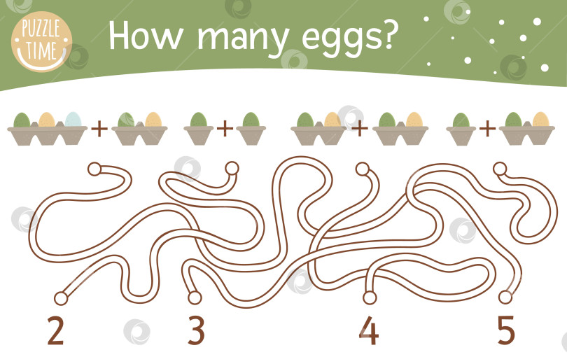 Скачать Пасхальный математический лабиринт для детей. Весеннее занятие в дошкольном учреждении. Образовательная дополнительная загадка. Забавная математическая головоломка с праздничной символикой. Симпатичный рабочий лист для подсчета. Сколько яиц? фотосток Ozero