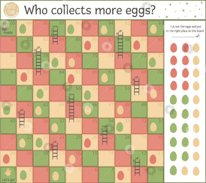 Скачать Настольная игра "Охота за пасхальными яйцами" для детей с традиционной символикой. Развивающая настольная игра "Весенний праздник" с цифрами. Кто соберет больше яиц? фотосток Ozero
