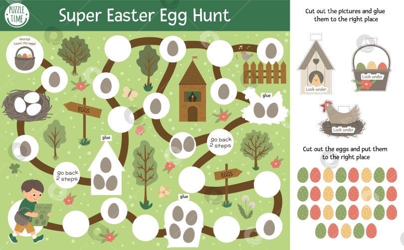 Скачать Настольная игра Easter adventure egg hunt для детей с милыми персонажами и традиционными символами. Обучающая настольная игра на весенних каникулах. Супер веселое занятие с элементами вырезания и склеивания. фотосток Ozero