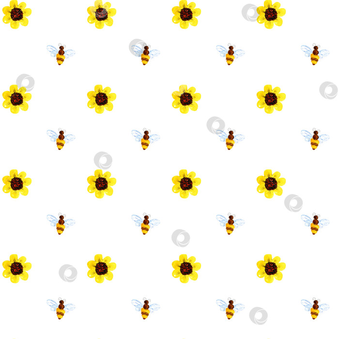 Скачать бесшовный акварельный узор из нарисованных от руки пчелы и цветка фотосток Ozero