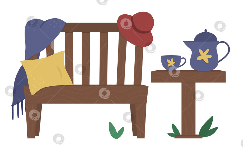 Скачать Векторная иллюстрация садовой скамейки с пледом, подушкой, шляпой, столом с чайником и чашкой. Место для отдыха после садовых работ. Опубликуйте картинку для отдыха в саду. фотосток Ozero