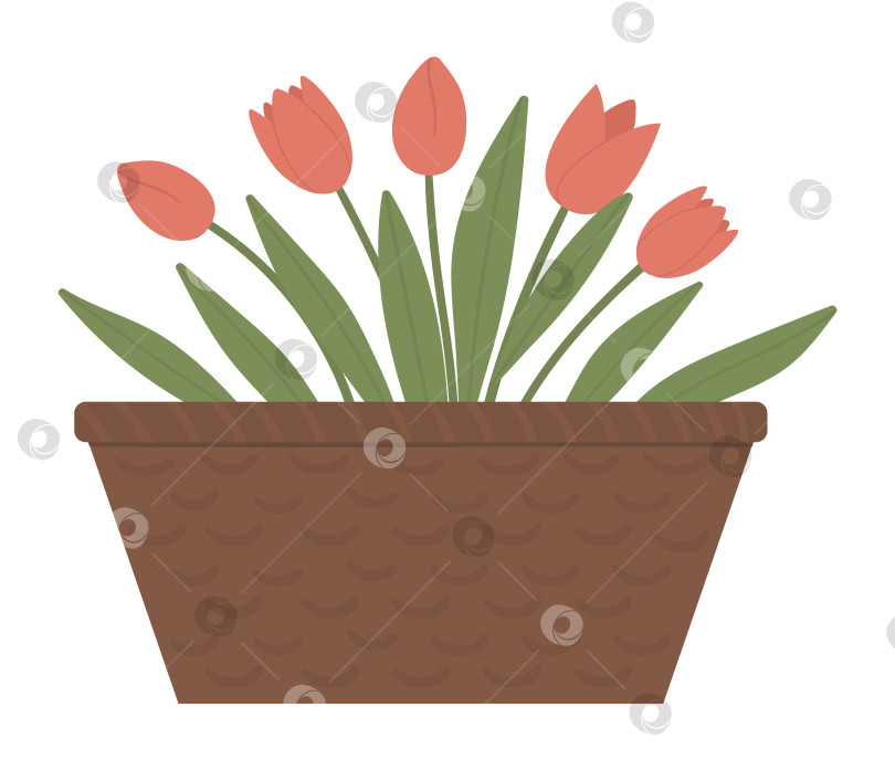 Скачать Векторная иллюстрация цветочной клумбы. Садовая декоративная корзина, похожая на клумбу с тюльпанами. Красивые весенние и летние растения, травы и цветы. фотосток Ozero