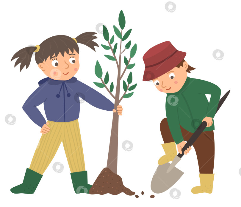 Скачать Векторная иллюстрация детей, сажающих дерево, изолированное на белом фоне. Милые дети работают в саду. Мальчик копает землю лопатой. Картинка весеннего садоводства с забавным персонажем. фотосток Ozero
