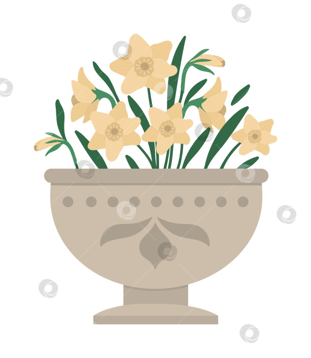 Скачать Векторная иллюстрация цветочной клумбы. Садовая декоративная каменная клумба с нарциссами. Красивые весенние и летние травы, растения и цветы. фотосток Ozero