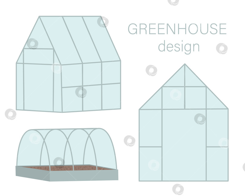 Скачать Векторный набор теплиц. Иллюстрация плоского горячего дома, изолированного на белом фоне. Фотография зеленой комнаты с видом спереди и сбоку. Иллюстрация весеннего сада. фотосток Ozero