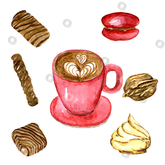 Скачать акварельная иллюстрация розовая кофейная чашка с шоколадными конфетами фотосток Ozero