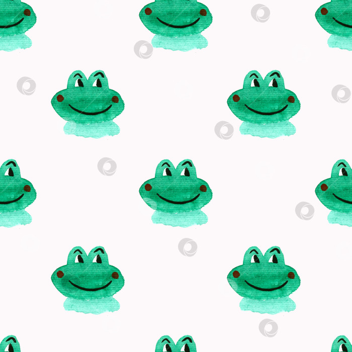 Скачать Бесшовный акварельный узор милой улыбающейся зеленой лягушки. фотосток Ozero