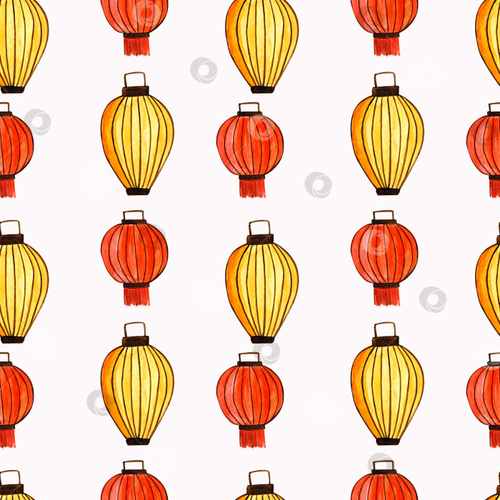 Скачать Акварельный узор китайских бумажных желтых и красных фонариков. фотосток Ozero